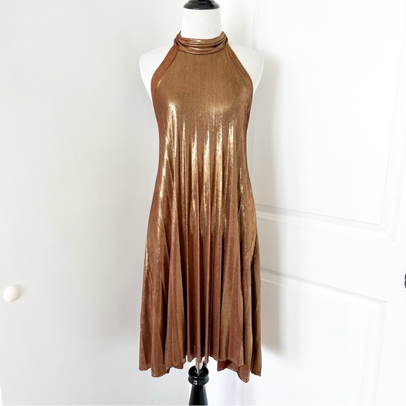Vintage Dresses & Skirts - Vintage Semi Sheer Golden Brown Bronze Halter Halter Slinky Mini Dress - Small
